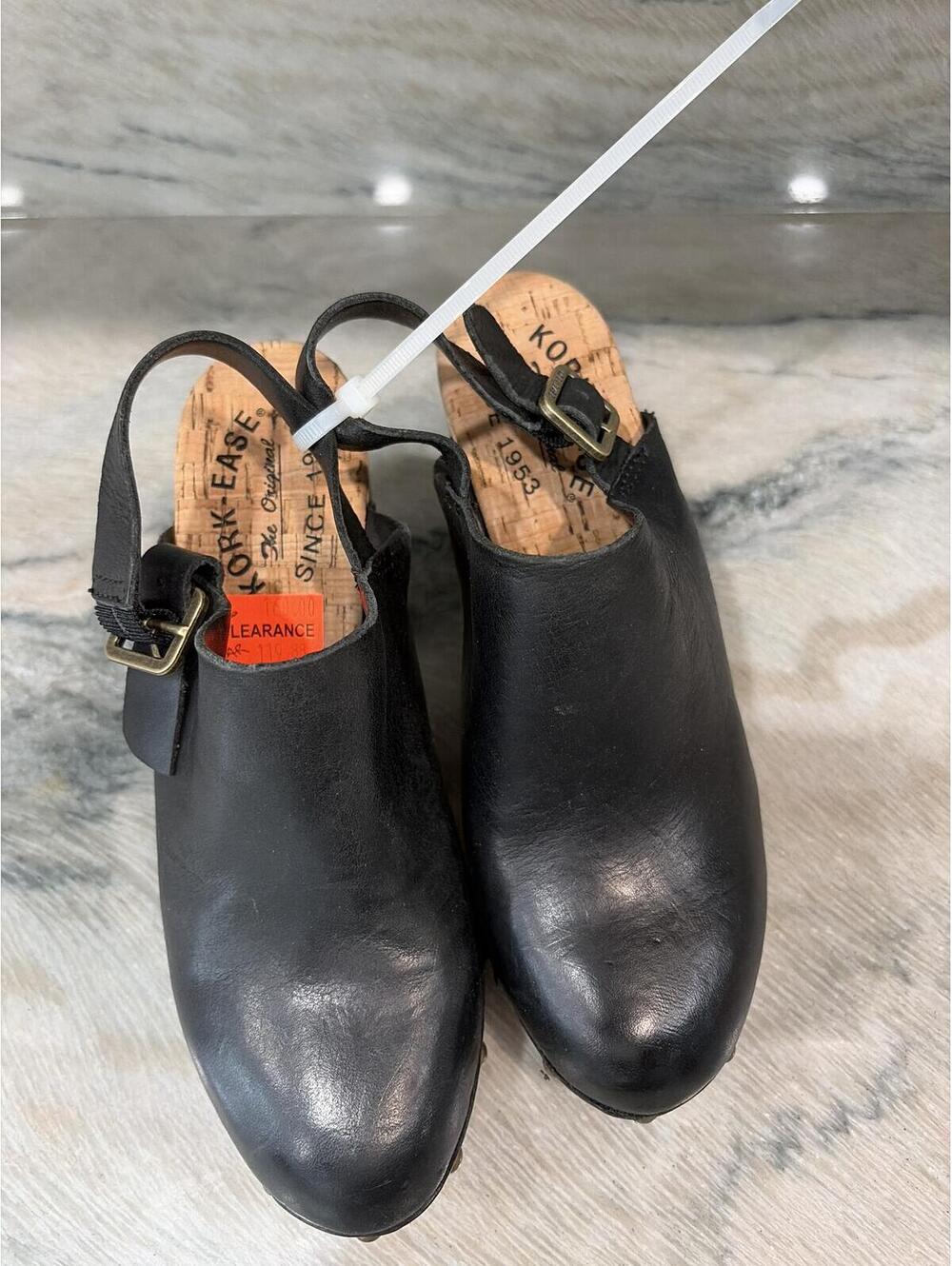 Kork-Ease Black Leather Slingback Clog Mules Wooden Heel
